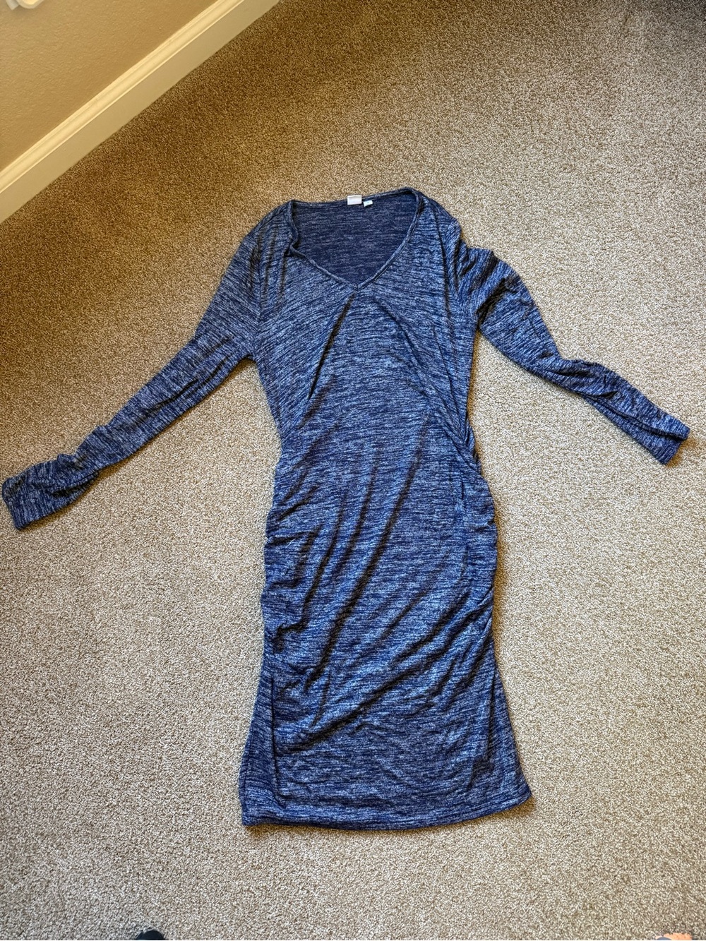 GAP maternity Heathered Navy Midi V-Neck Long Sleeve Dress with stretch